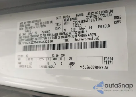 2017 Ford Transit-350 Xl z USA, uszkodzony, nr VIN 1FBZX2ZM4HKA32250